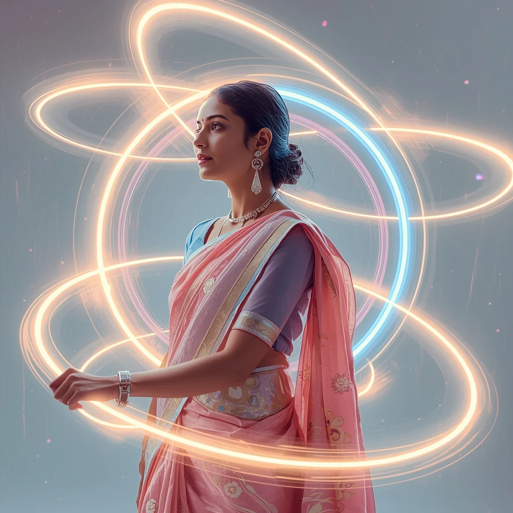 Festive Pastel Saree Magnetic Light Rings | Indian Girl Energy Orbit Cinematic Viral Prompt | Cute Prompt For Girls In Saree For Instagram