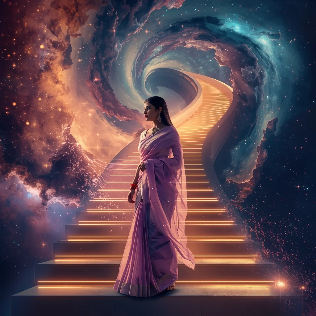 Festive Pastel Saree Majestic Infinite Cosmic Staircase Collage | Majestic Nebula Prompt | Prompt For Girls College Online
