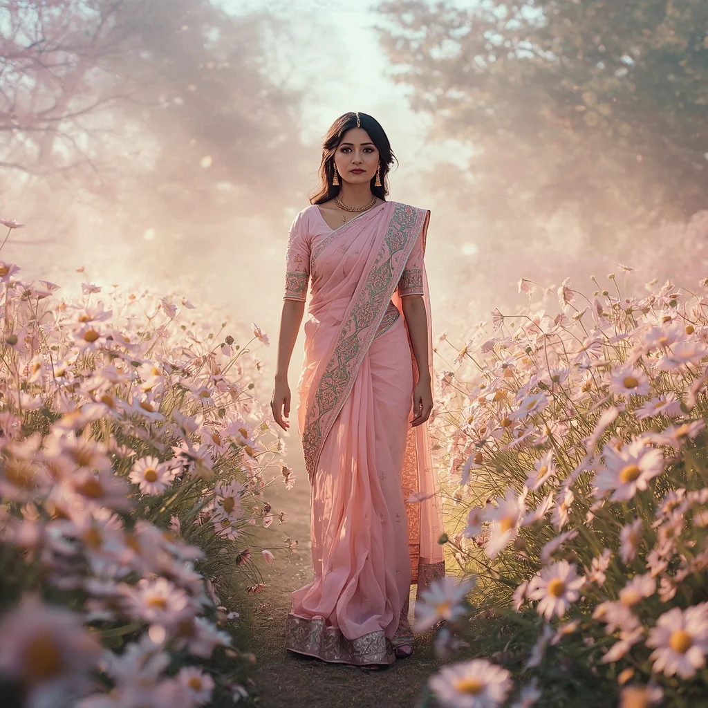 Festive Pastel Saree Mist Crystal Daisy Meadows Dream Collage | Sora Ai Prompt