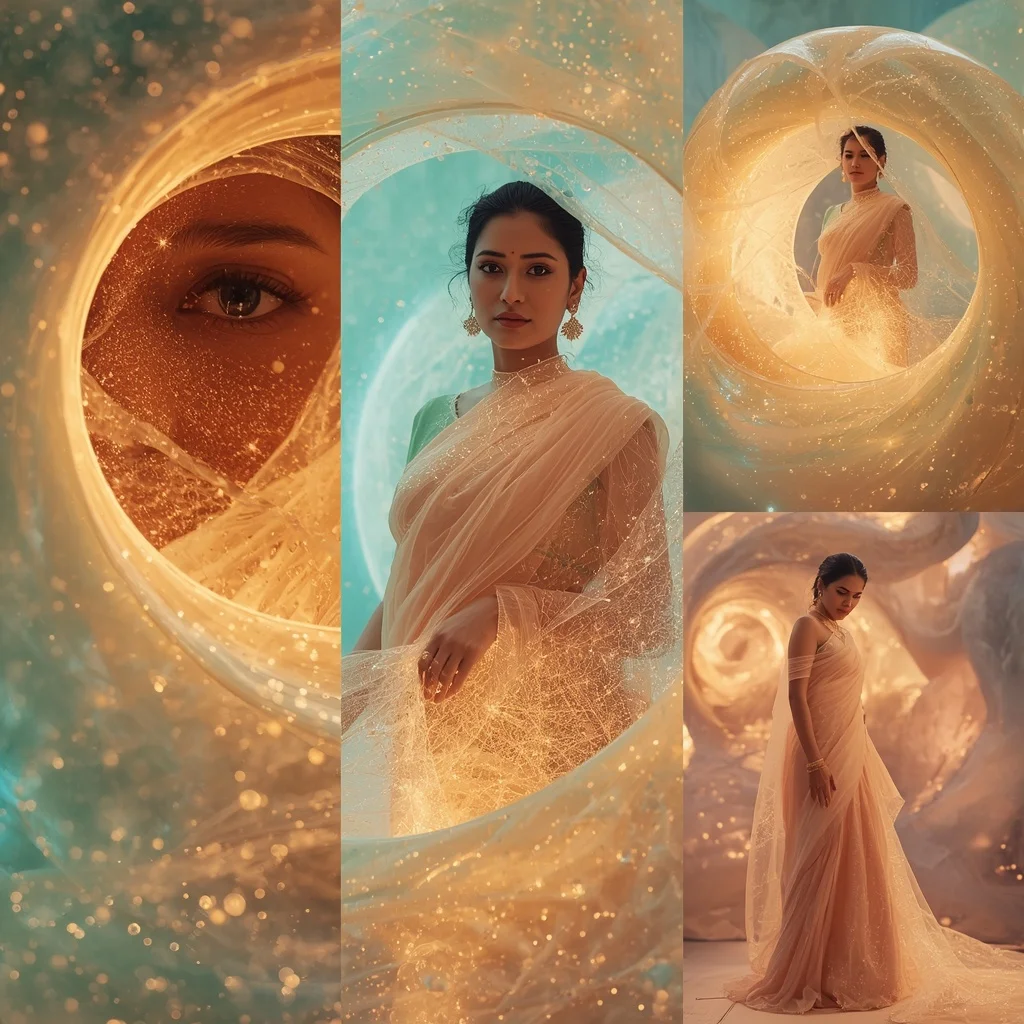 Festive Pastel Saree Molten Glass Blowing Zero-G Installation Collage | Desi Girl Ai Prompt