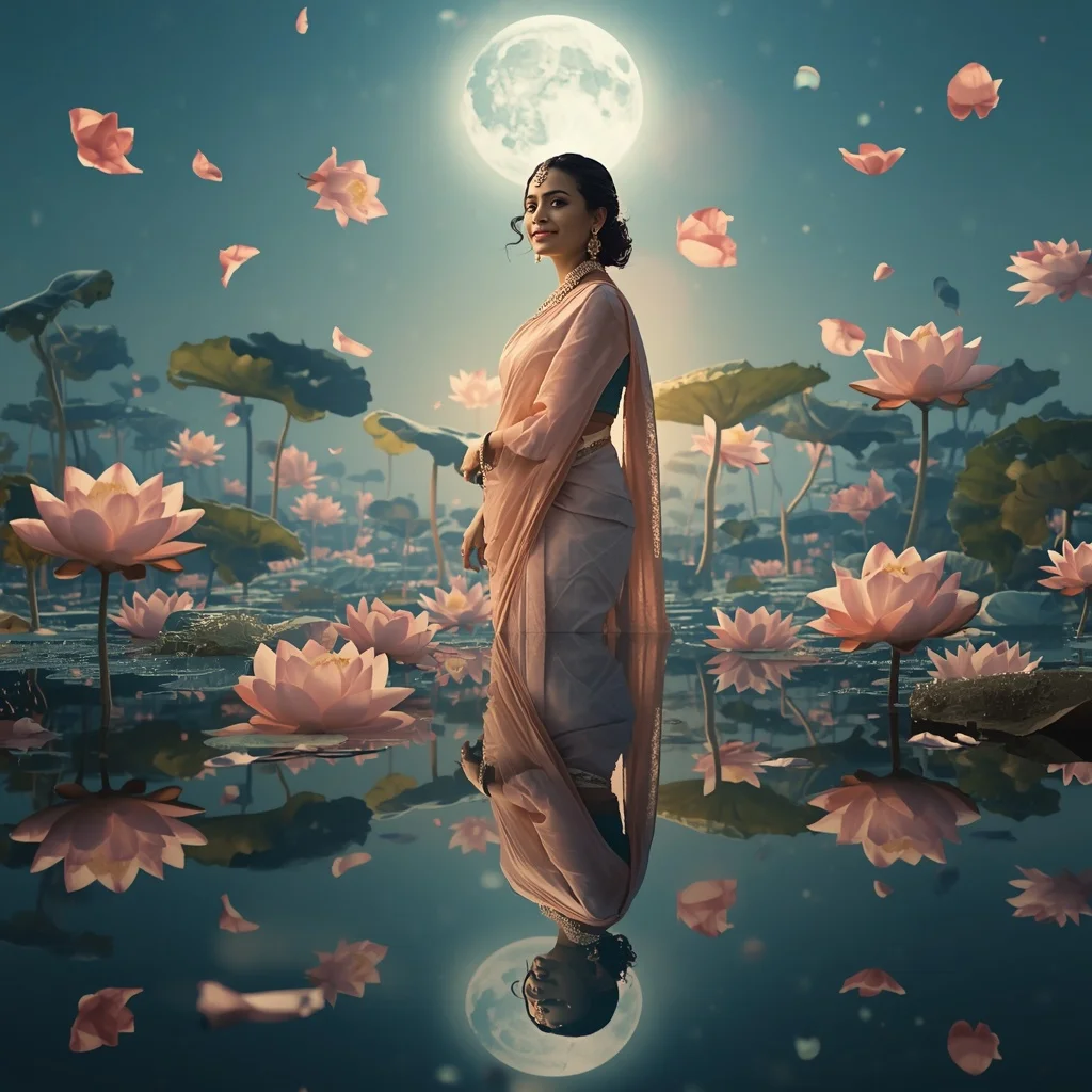 Festive Pastel Saree Moon Lotus Reflection Paradise Collage Cinematic | Motivation Ai Prompt