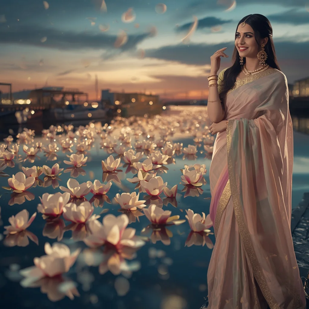 Festive Pastel Saree Moon Magnolia Reflection Harbor Collage Cinematic | Ai Portrait Prompt