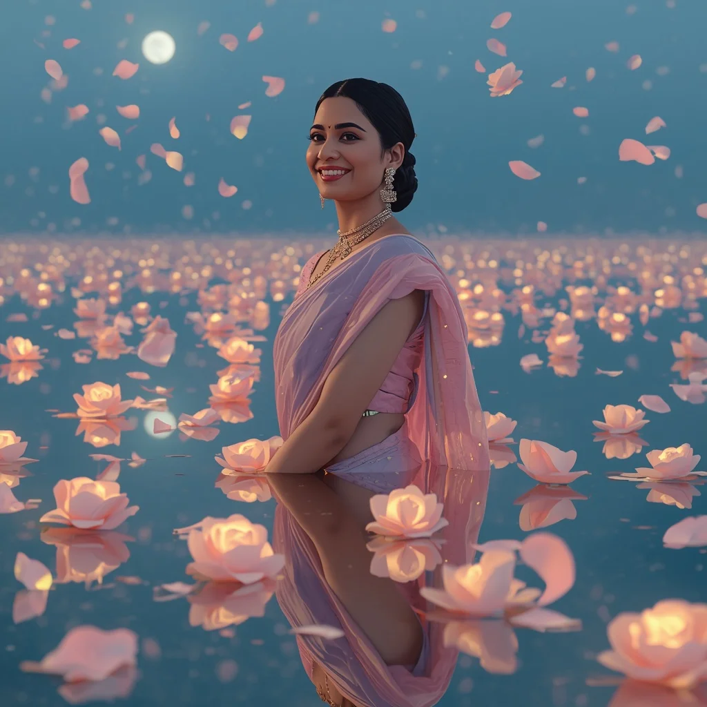 Festive Pastel Saree Moon Rosewater Lagoon Collage Cinematic | Copy Paste Ai Prompt