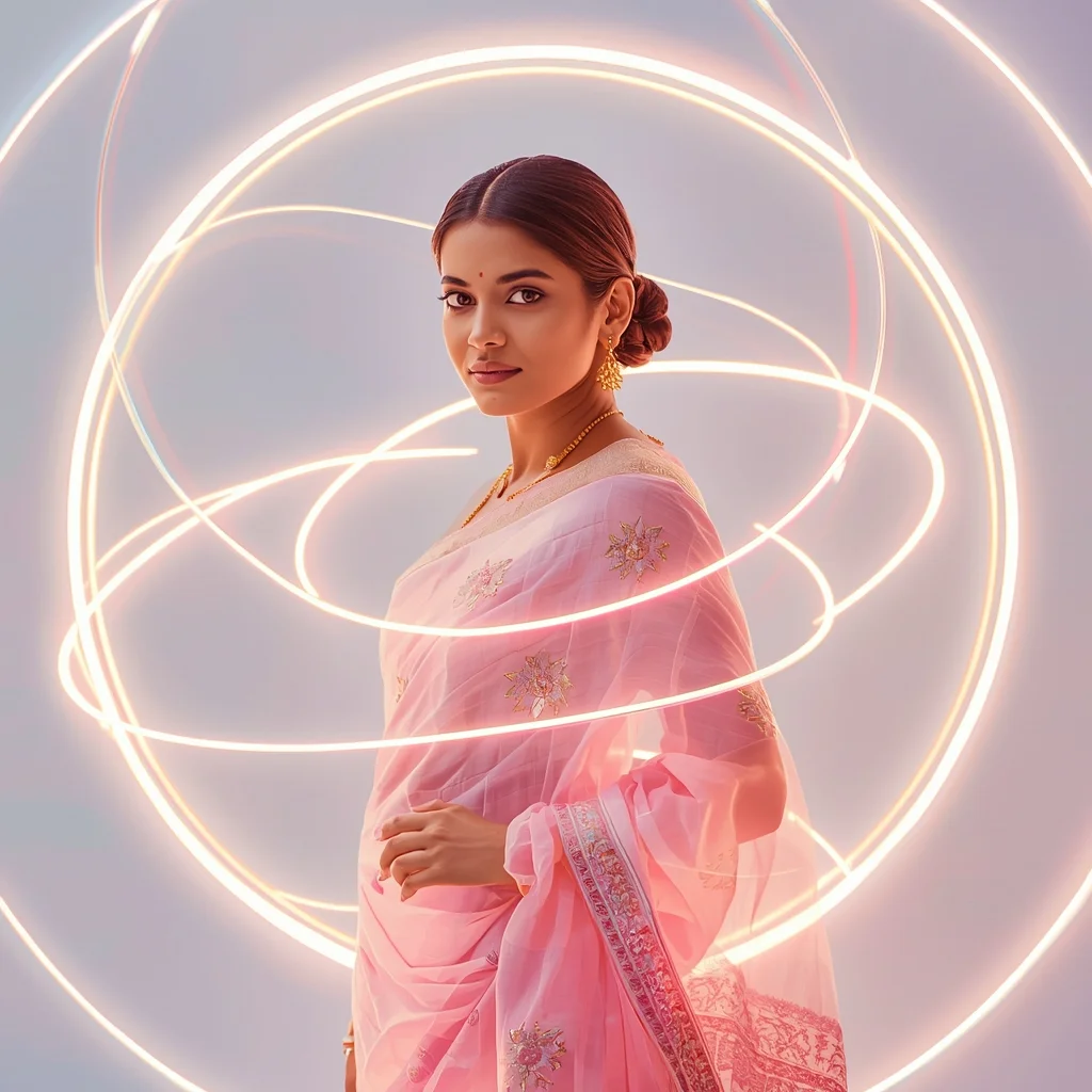 Festive Pastel Saree Multi Orbit Halo Prompt with Rotating Energy Rings and Cinematic Motion Depth | Chatgpt Photo Editing Prompts New