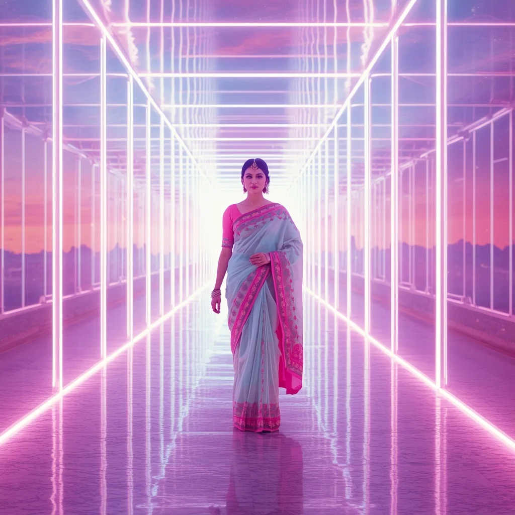 Festive Pastel Saree Neon Aurora Celestial Boulevard Collage Modern | Gemini Ai Photo Prompt