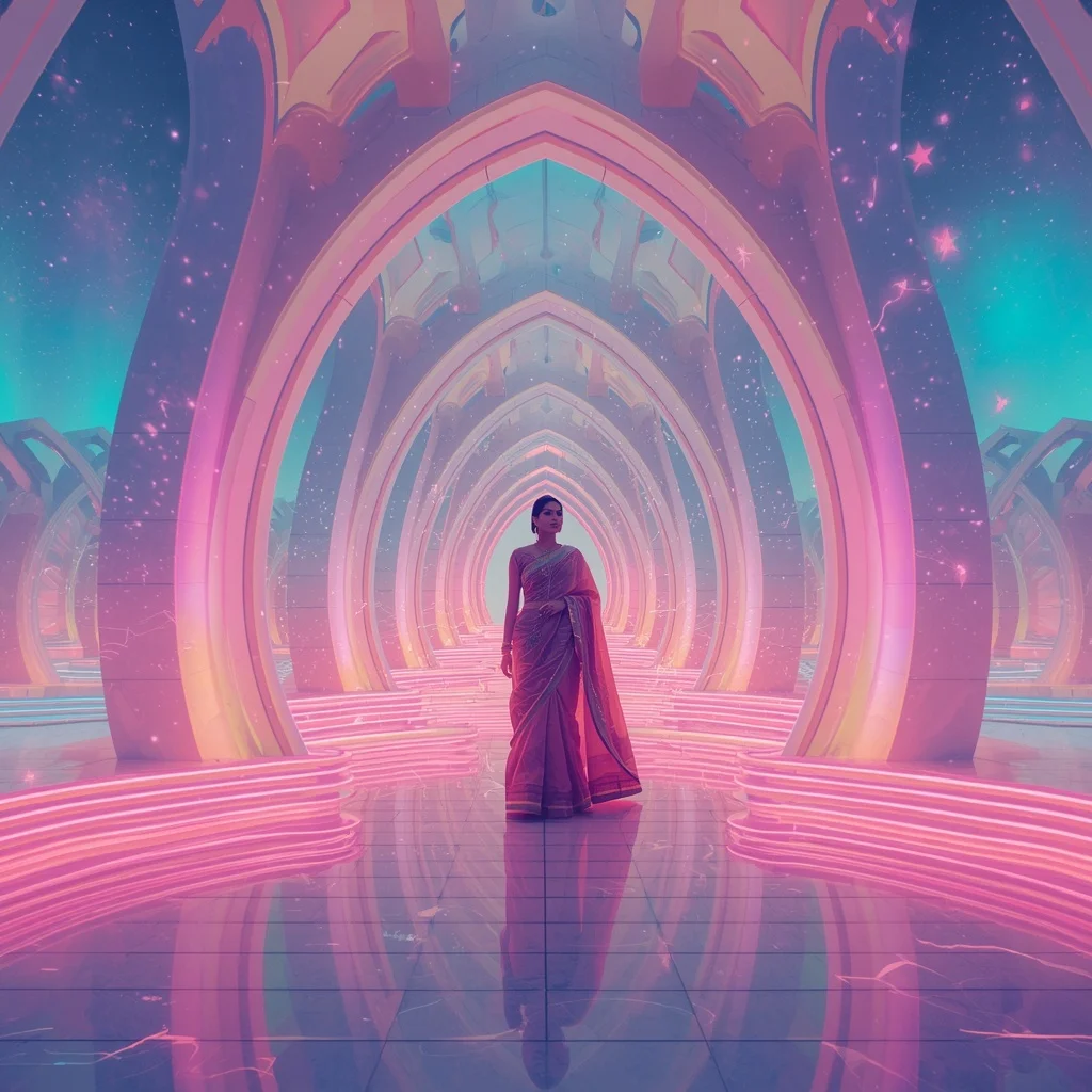 Festive Pastel Saree Neon Aurora Galaxy Amphitheater Collage Modern | Cute Ai Prompt