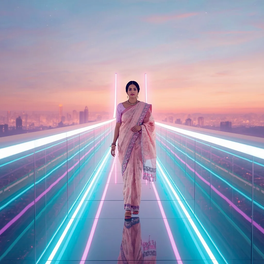 Festive Pastel Saree Neon Aurora Infinity Bridge Collage Modern | Indian Girl Ai Prompt
