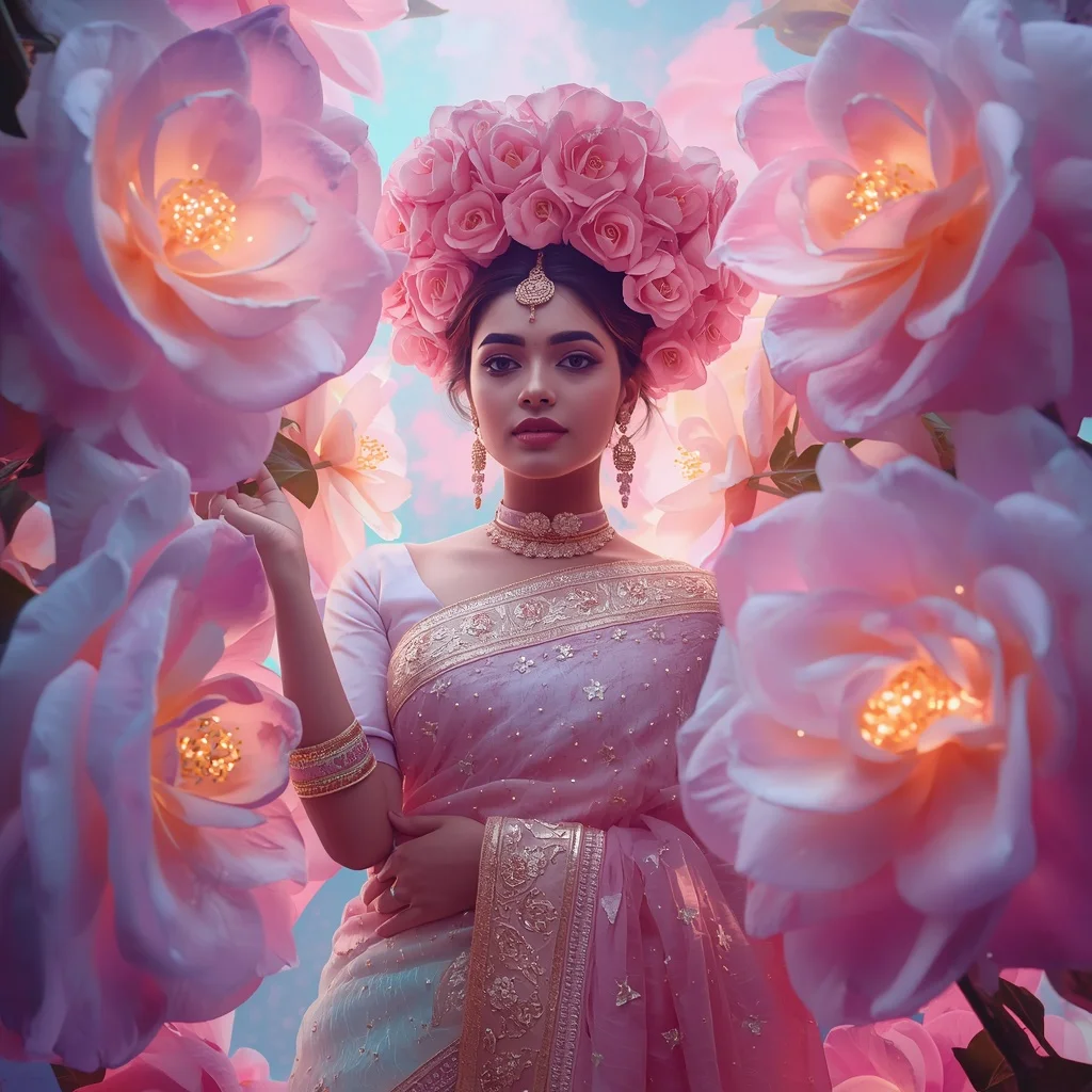 Festive Pastel Saree Neon Camellia Galaxy Crown Collage Modern | Instagram Model Ai Prompt