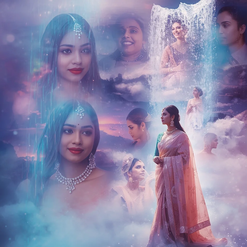 Festive Pastel Saree Neon Celestial Pearl Falls Collage Modern Cinematic | Banana Prompts Girls