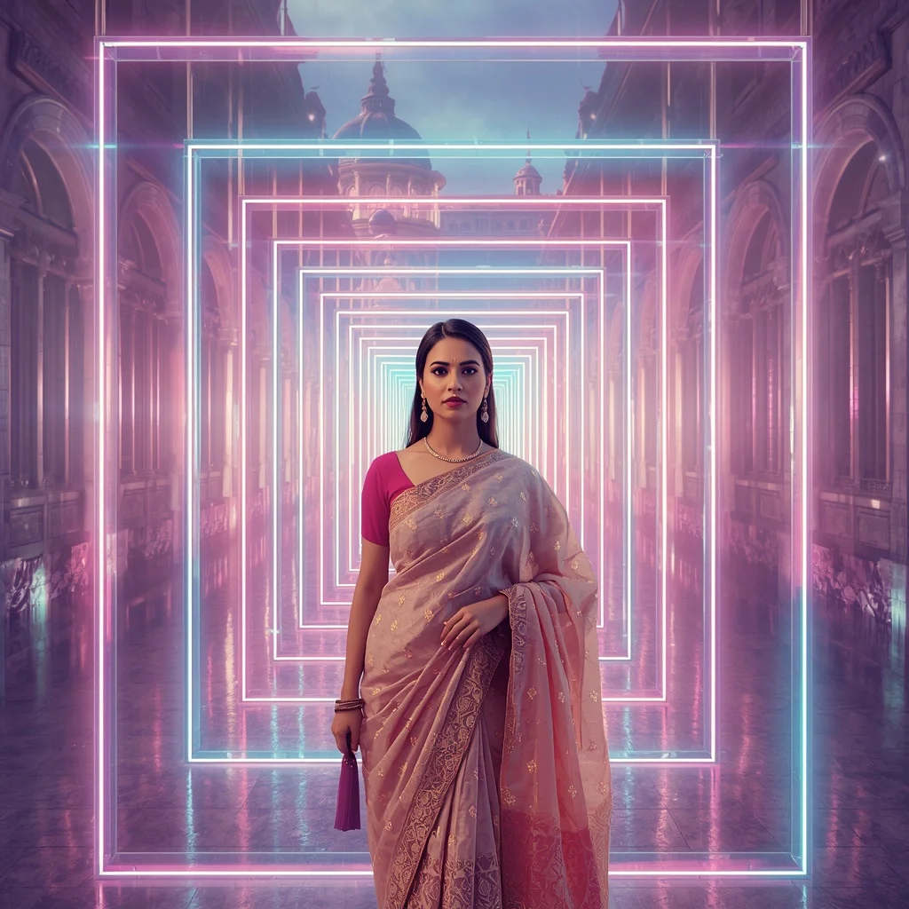 Festive Pastel Saree Neon Crystal Museum Frames Collage Modern Cinematic | Female Model Ai Prompt