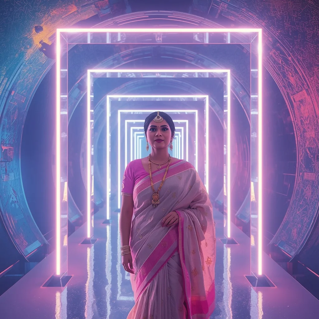 Festive Pastel Saree Neon Crystal Observatory Frames Collage Modern Cinematic | Prompt Seen Horror Girl