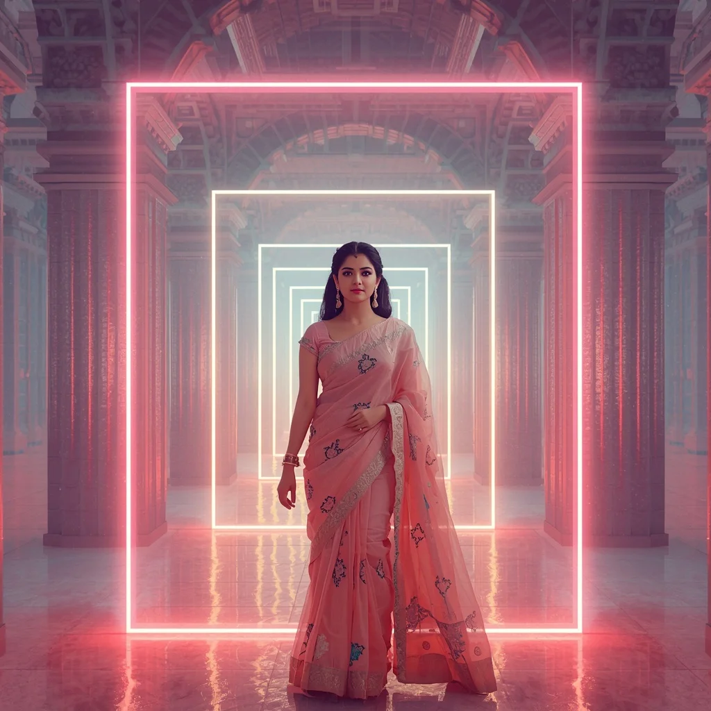Festive Pastel Saree Neon Crystal Palace Frames Collage Modern Cinematic | Ai Girl Image Prompt