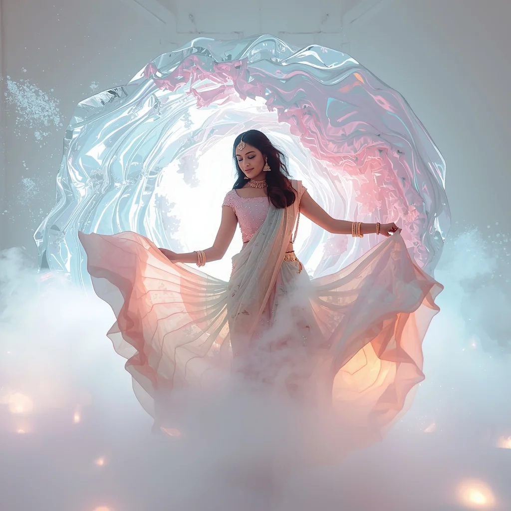 Festive Pastel Saree Neon Dream Mist Holographic Wave | Gemini Saree Prompt For Instagram