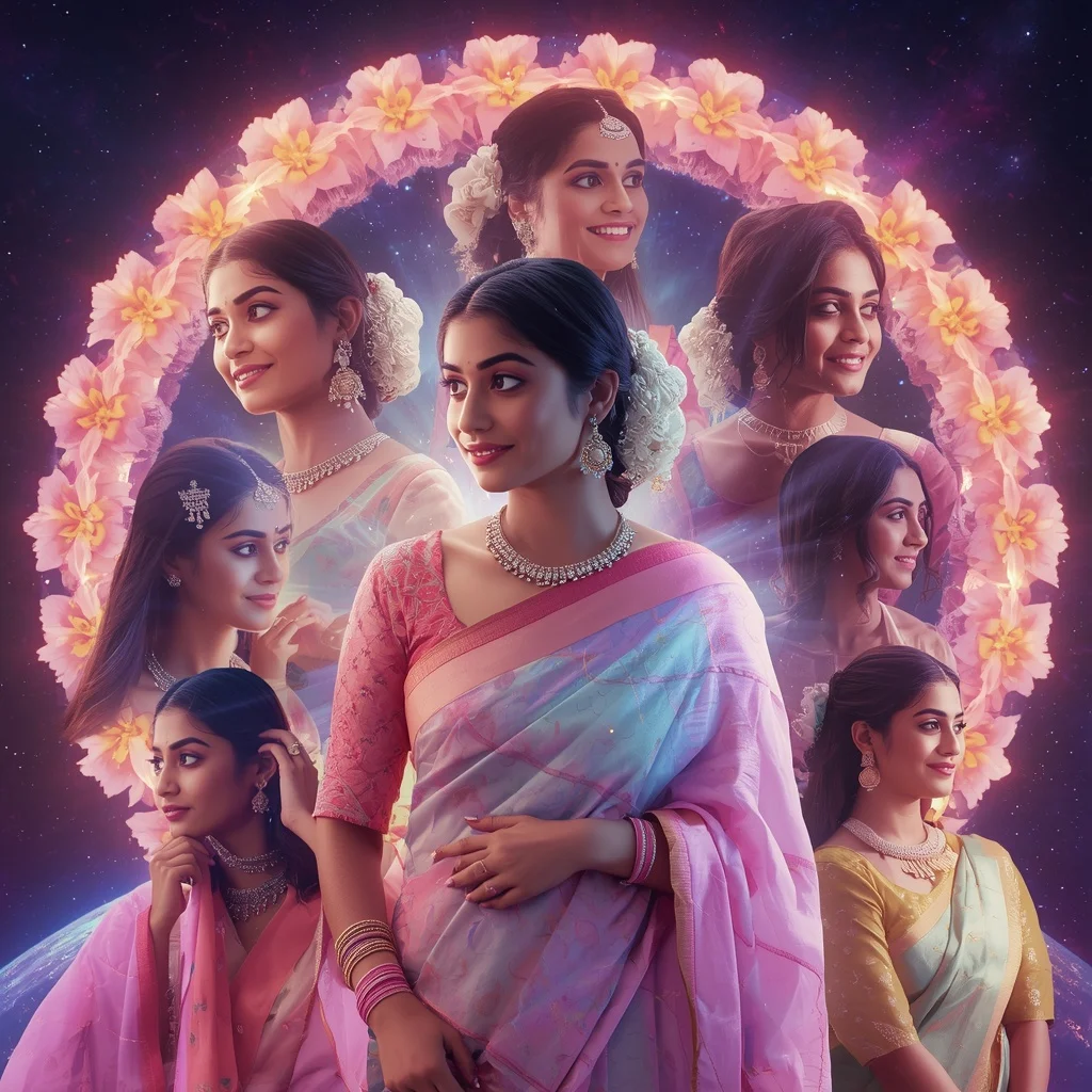 Festive Pastel Saree Neon Galaxy Jasmine Crown Halo Collage Modern Cinematic | Ai Prompt For Instagram