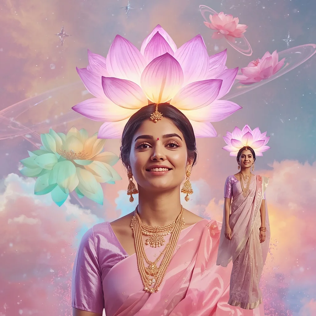 Festive Pastel Saree Neon Galaxy Lotus Crown Collage Modern Cinematic | Prompt For Traditional Look For Girl In English