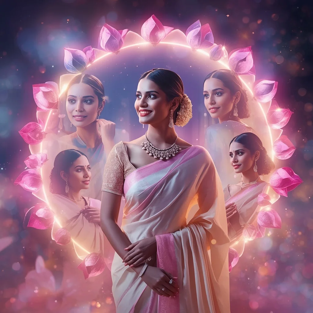 Festive Pastel Saree Neon Galaxy Lotus Halo Collage Modern Cinematic | Character Design Ai Prompt