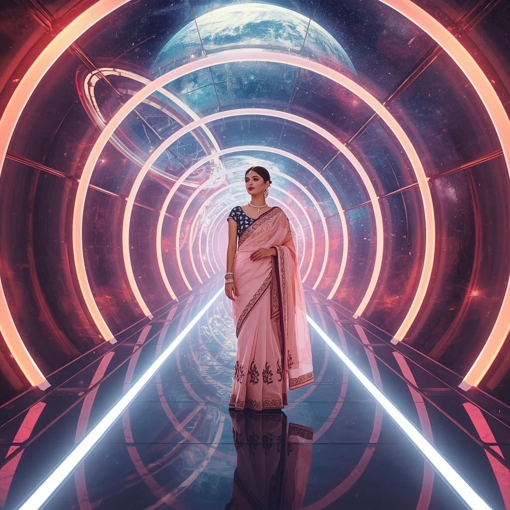 Festive Pastel Saree Neon Galaxy Orbital Sanctuary Modern Collage | Text To Image Prompt