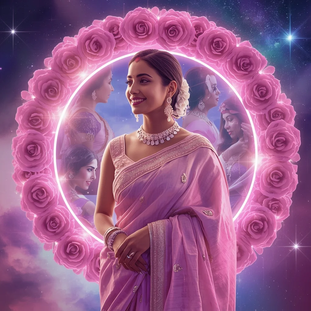 Festive Pastel Saree Neon Galaxy Rose Halo Collage Modern Cinematic | Cinematic Ai Prompt