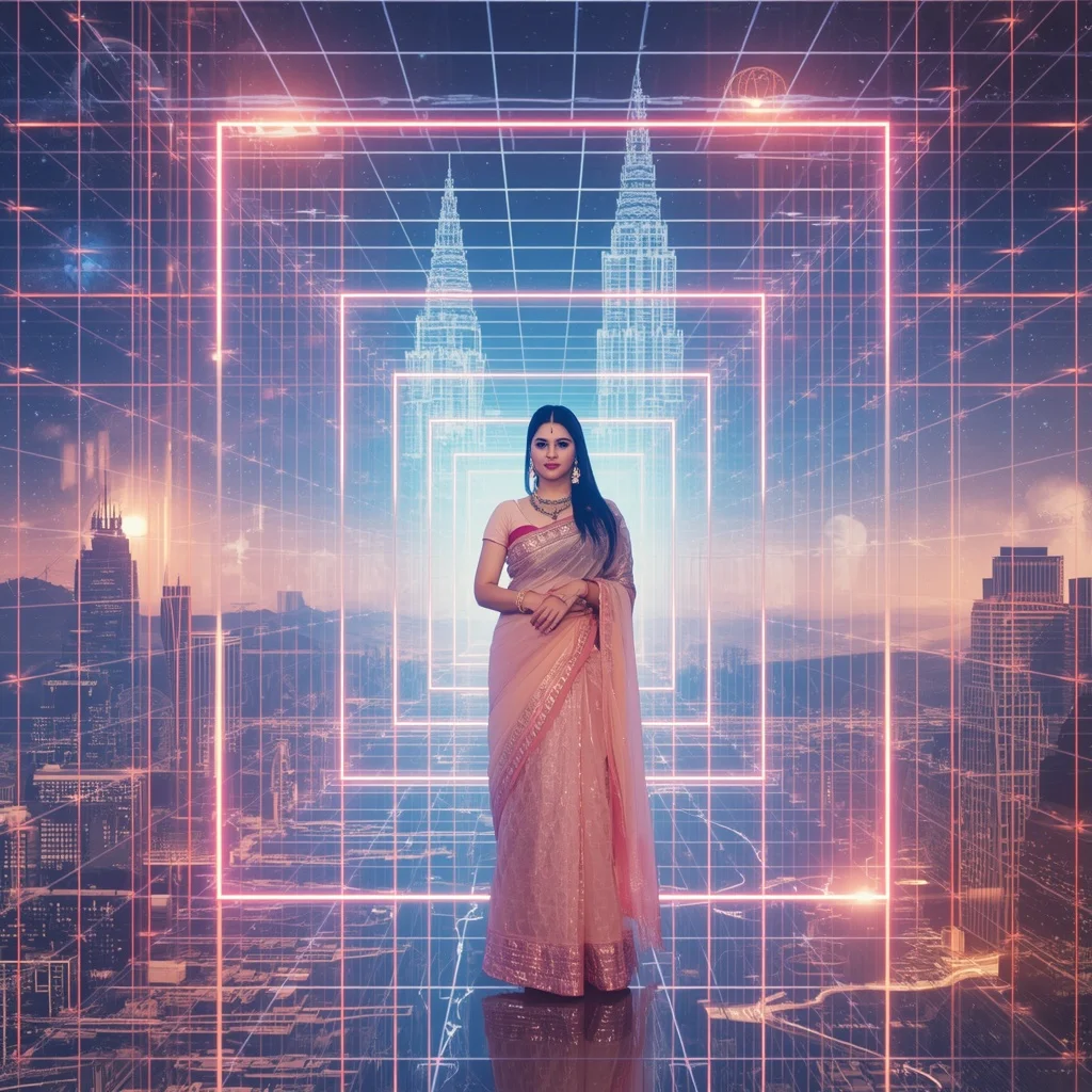 Festive Pastel Saree Neon Infinity Quantum Star Grid Metropolis Collage Modern | Makeup Ai Prompt