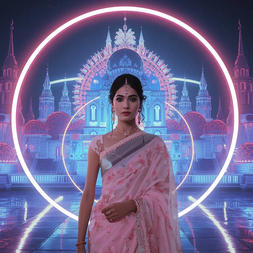 Festive Pastel Saree Neon Orbit Starlight Citadel Collage Modern Cinematic | Aesthetic Saree Prompt