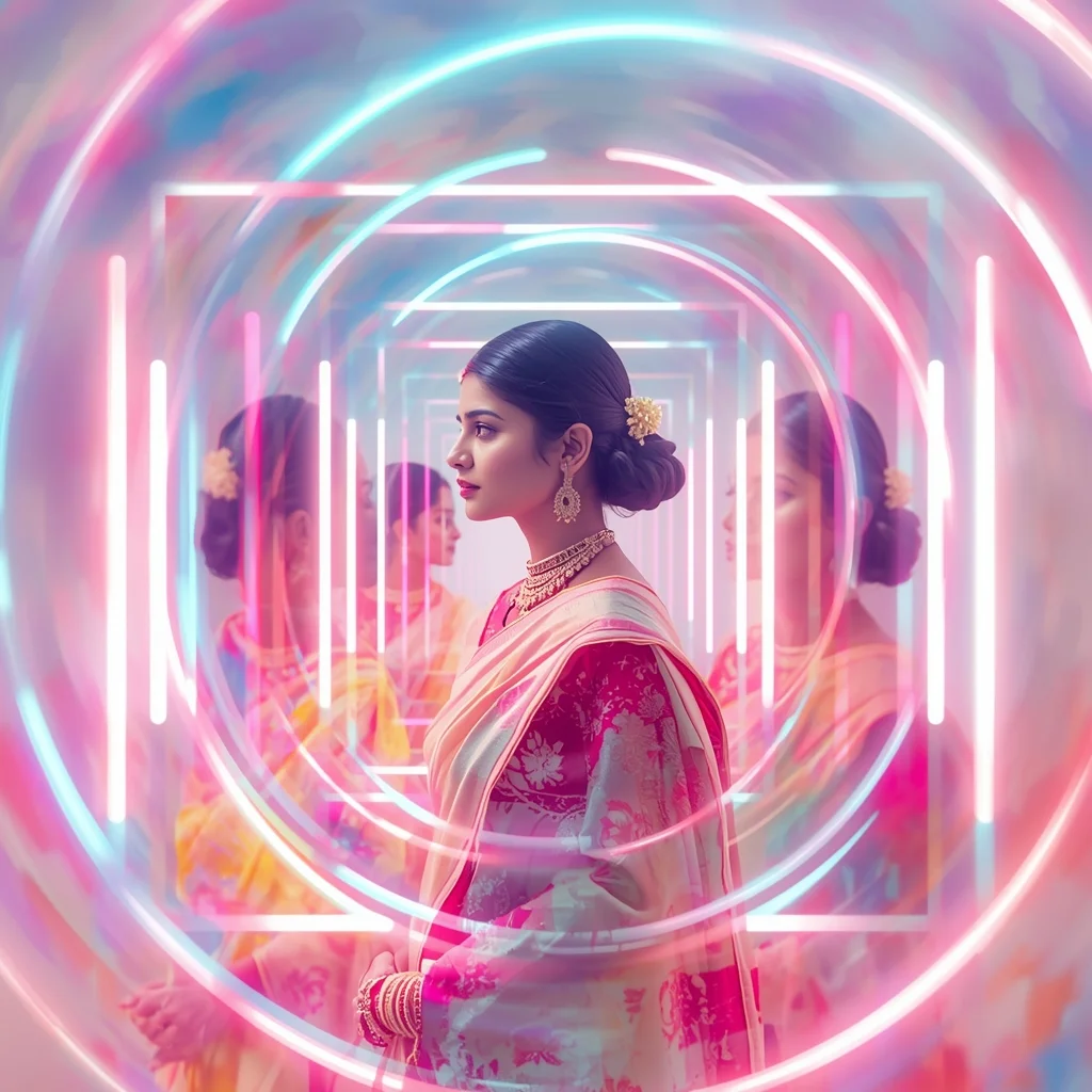 Festive Pastel Saree Neon Pulse Frame Infinite Orbit Collage Modern Cinematic | Prompt For Gemini Ai Girl Natural Images