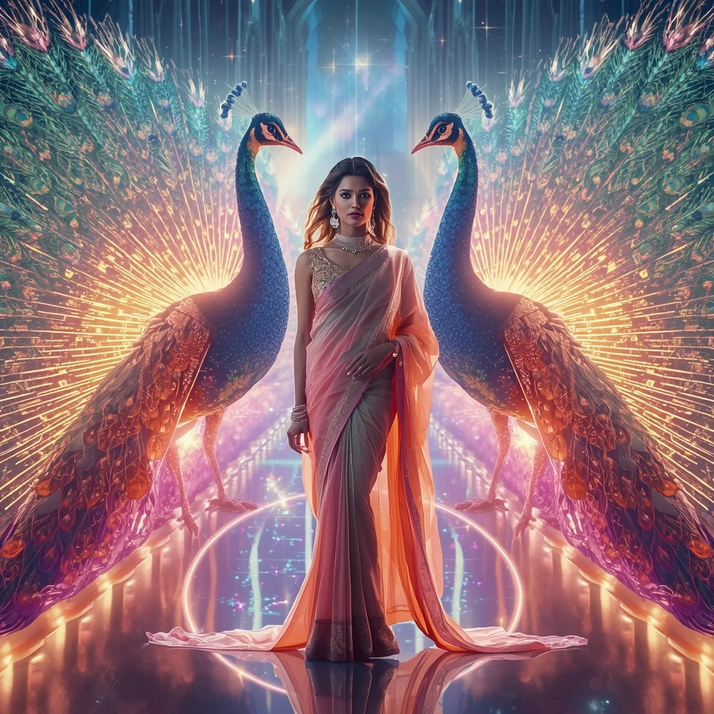 Festive Pastel Saree Neon Solar Peacock Cathedral Modern Collage | Instagram Story Ai Prompt