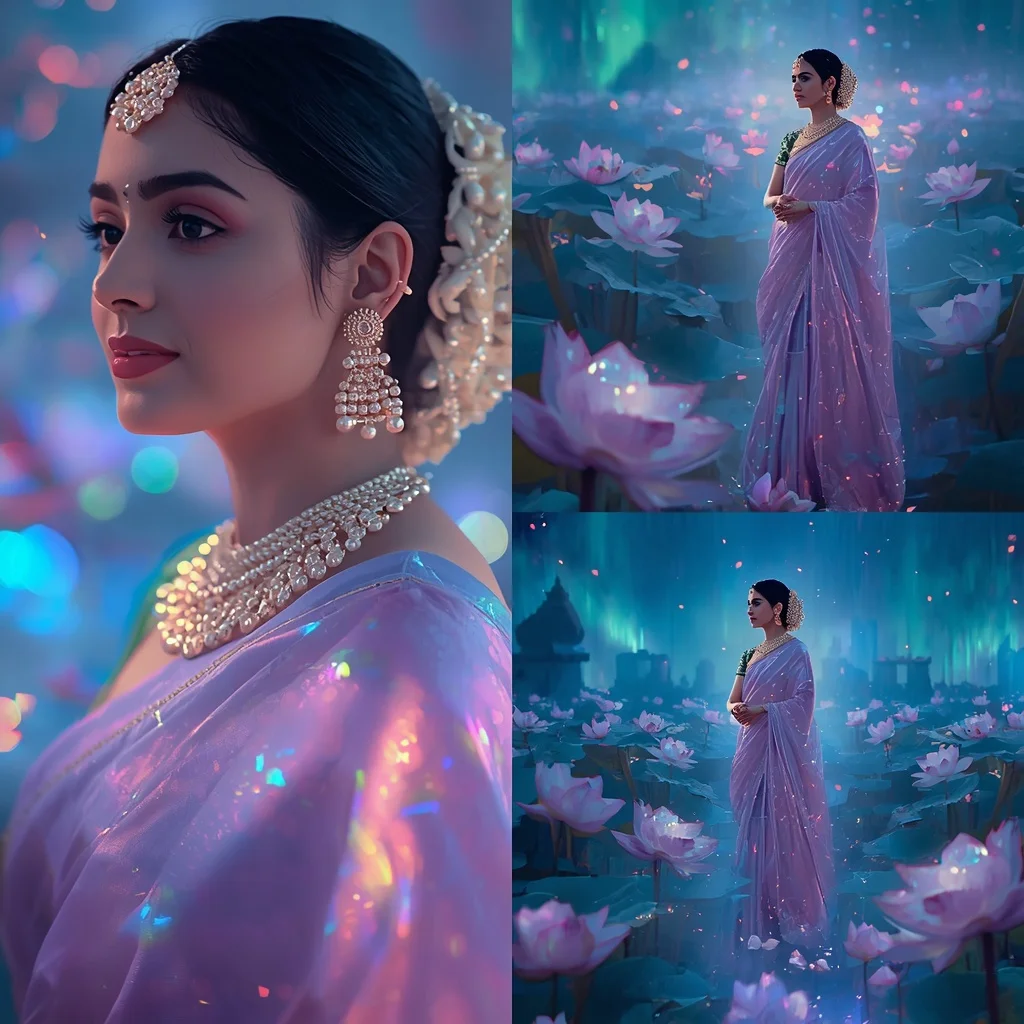 Festive Pastel Saree Opaline Aurora Lotus Kingdom Collage | Instagram Highlight Cover Ai Prompt