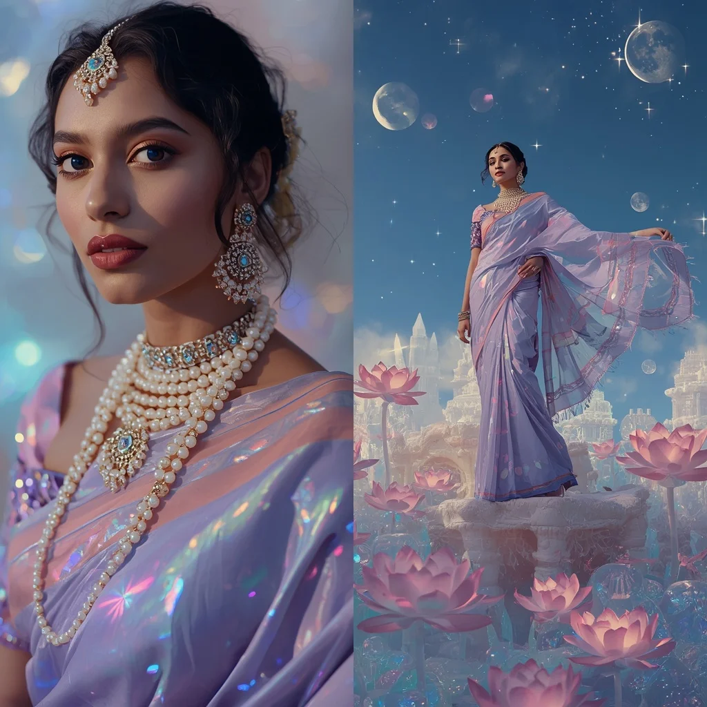 Festive Pastel Saree Opaline Moon Lotus Citadel Collage | Female Model Ai Prompt