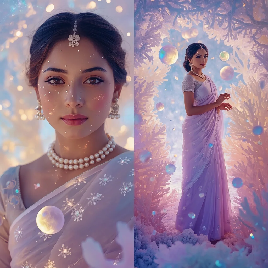 Festive Pastel Saree Opaline Moon Reef Kingdom Collage | Easy Ai Prompt