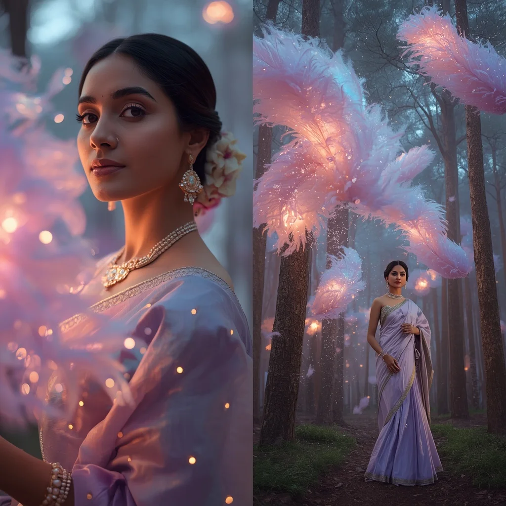 Festive Pastel Saree Opaline Nebula Feather Forest Collage | Woman Pose Ai Prompt