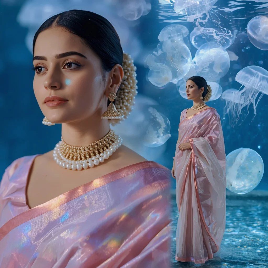 Festive Pastel Saree Opaline Planet Bloom Aquarium Collage | Female Model Ai Prompt