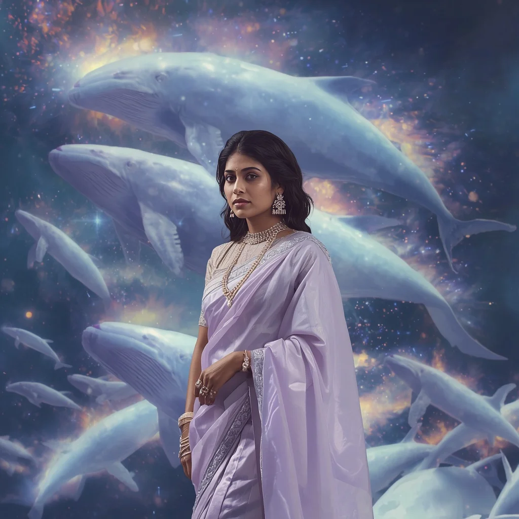 Festive Pastel Saree Opaline Whale Migration Universe Collage | Saree Ai Prompt