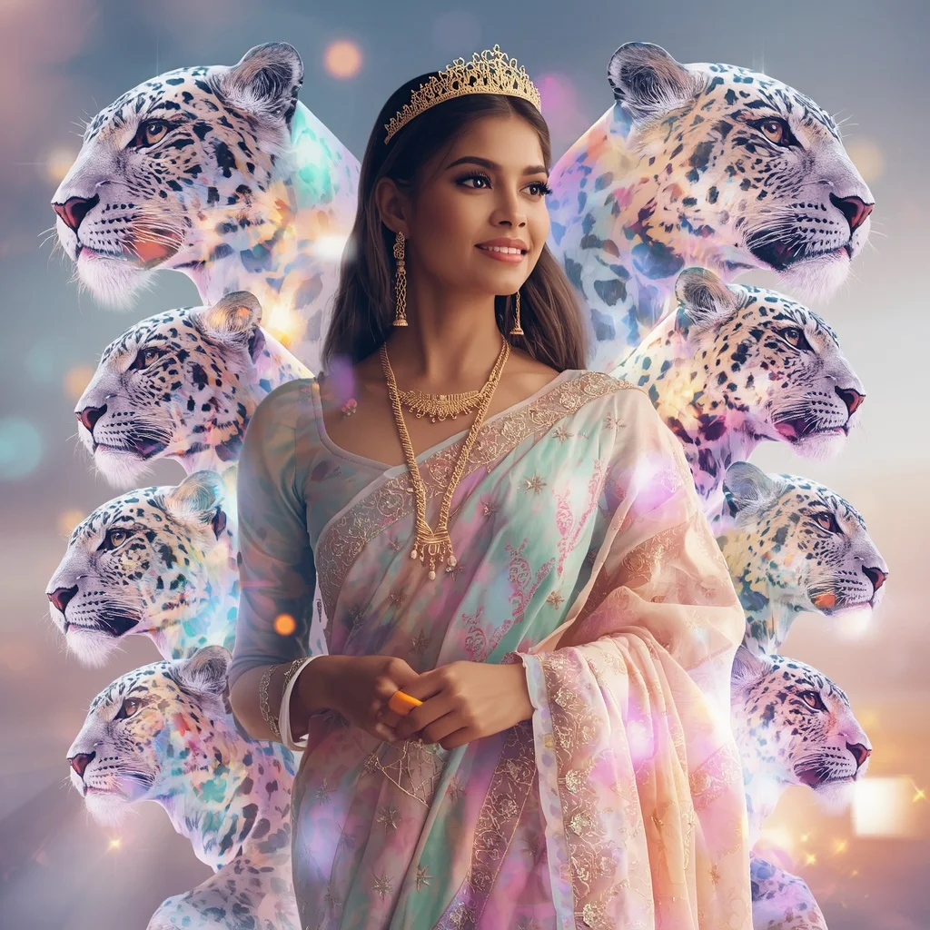 Festive Pastel Saree Orbital Crystal Leopard Queen Collage Premium Cinematic | Trending Prompts For Instagram For Girl