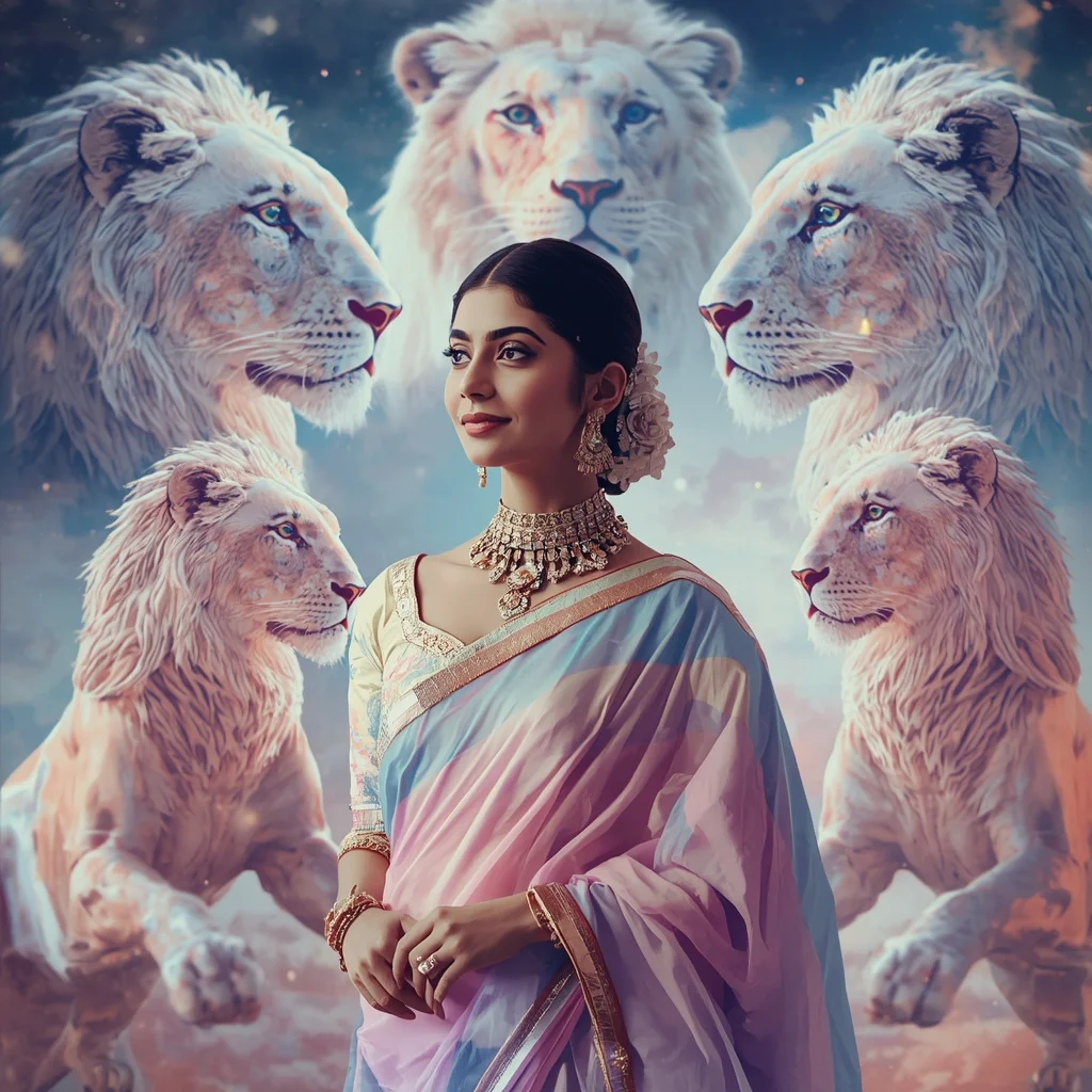 Festive Pastel Saree Orbital Crystal Lioness Queen Collage Premium Cinematic | Prompt For Traditional Look For Girl
