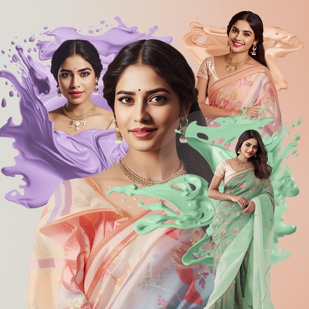 Festive Pastel Saree Paint Drift Collage | Indian Girl Artistic Motion Aesthetic Soft Cinematic Viral Prompt | Ai Image Generator Prompt