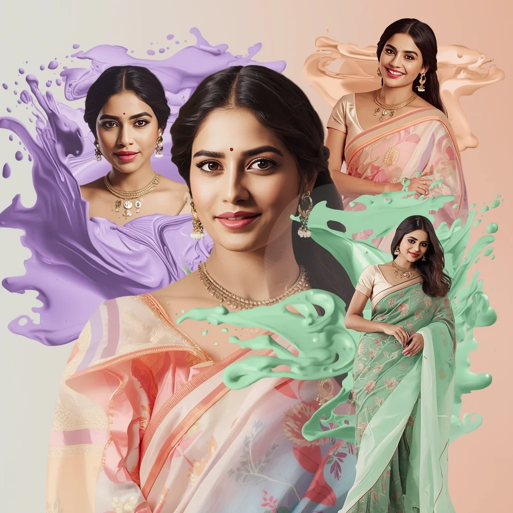 Festive Pastel Saree Paint Drift Collage | Indian Girl Artistic Motion Aesthetic Soft Cinematic Viral Prompt | Ai Image Generator Prompt