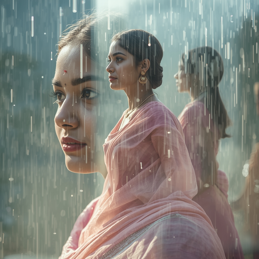 Festive Pastel Saree Poetic Double Exposure Dream Loop Collage | Artistic Reflection Prompt | Saree Aesthetic Ai Prompt For Pinterest
