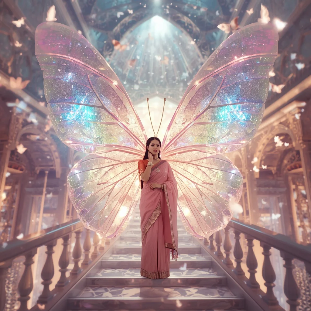 Festive Pastel Saree Prism Butterfly Galaxy Palace Collage Premium | Ai Image Generator Prompt
