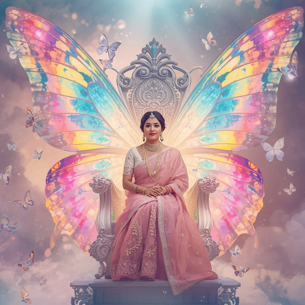 Festive Pastel Saree Prism Celestial Butterfly Throne Collage Premium | Prompt Seen Girl Photo Editing ChatGPT