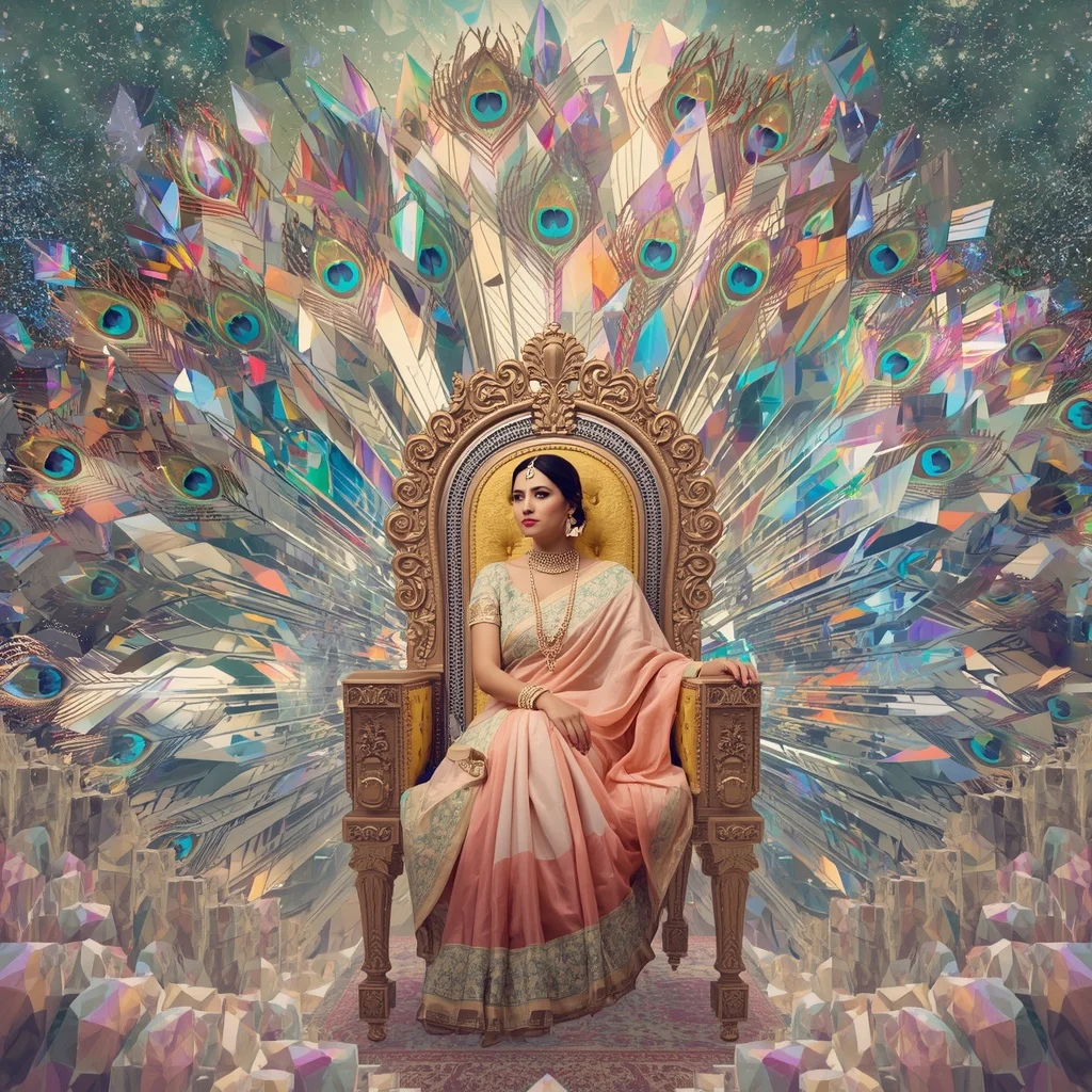 Festive Pastel Saree Prism Celestial Peacock Throne Collage Premium | Prompt For Gemini AI Girl Trending