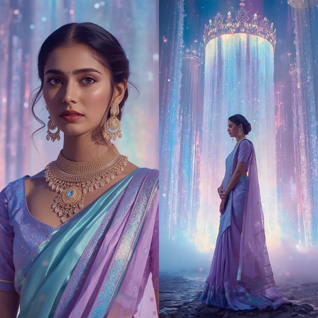 Festive Pastel Saree Prism Crown Aurora Waterfalls Collage | Happy Ai Prompt