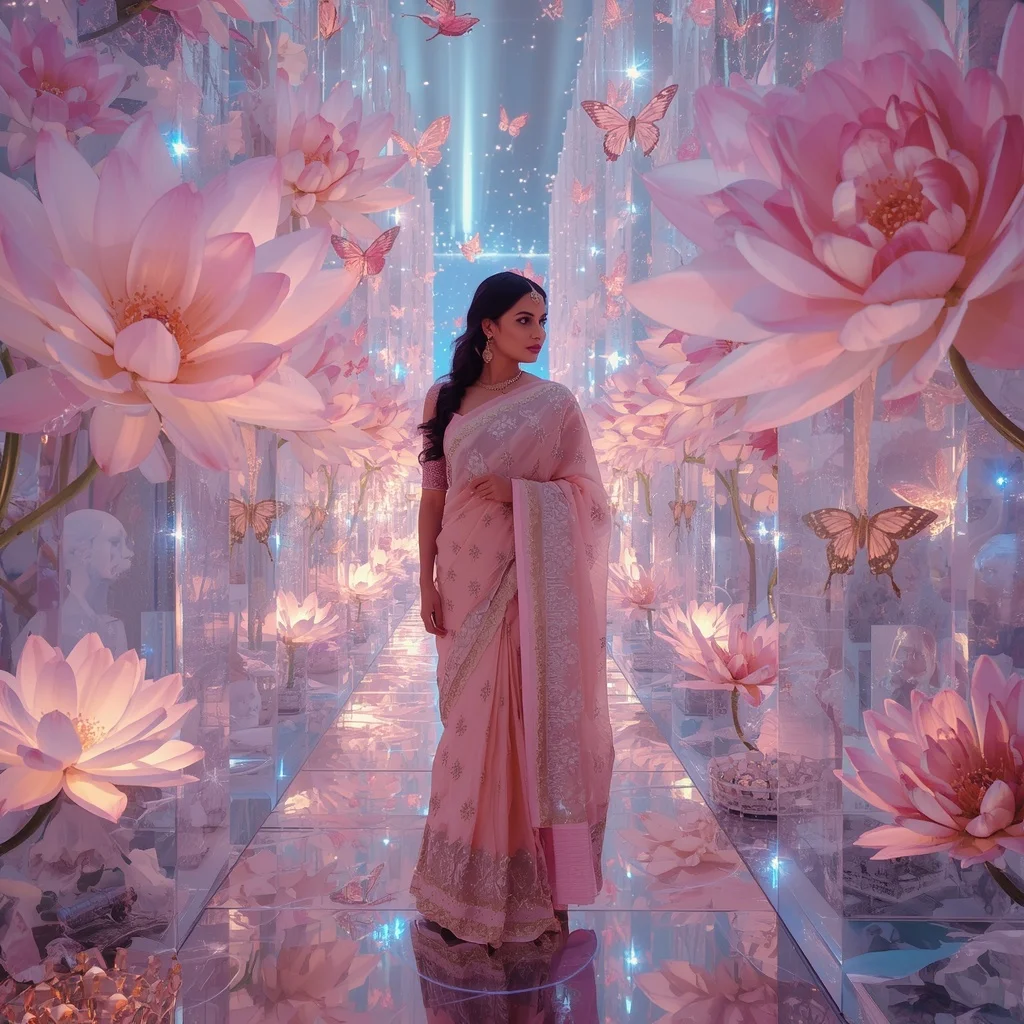 Festive Pastel Saree Prism Crystal Aurora Blossom Paradise Collage Premium Editorial | Text To Image Prompt