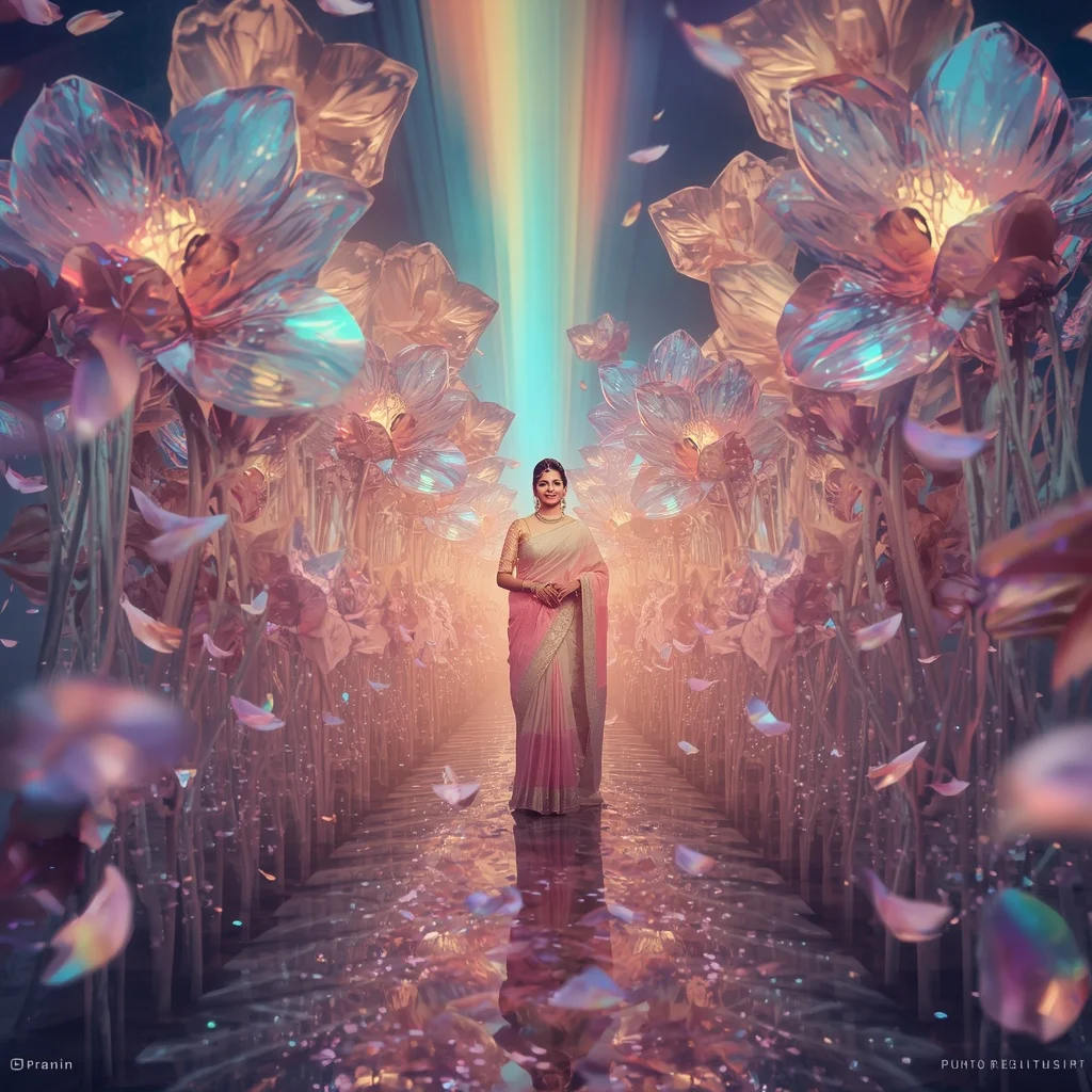 Festive Pastel Saree Prism Crystal Aurora Flower Empire Collage Premium | Lighting Ai Prompt