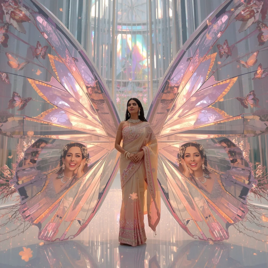 Festive Pastel Saree Prism Crystal Butterfly Cathedral Premium | Leonardo Ai Image Prompt