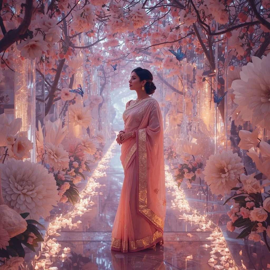Festive Pastel Saree Prism Crystal Diamond Blossom Kingdom Collage Premium Editorial | New Instagram Trend Prompt For Girl Attitude