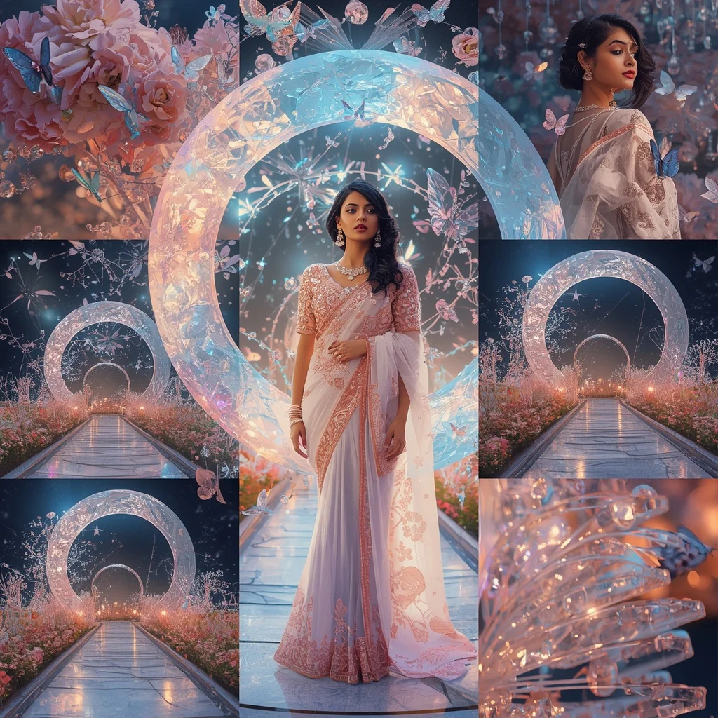 Festive Pastel Saree Prism Crystal Diamond Moon Garden Collage Premium Editorial | Best Prompt Ai For Girl