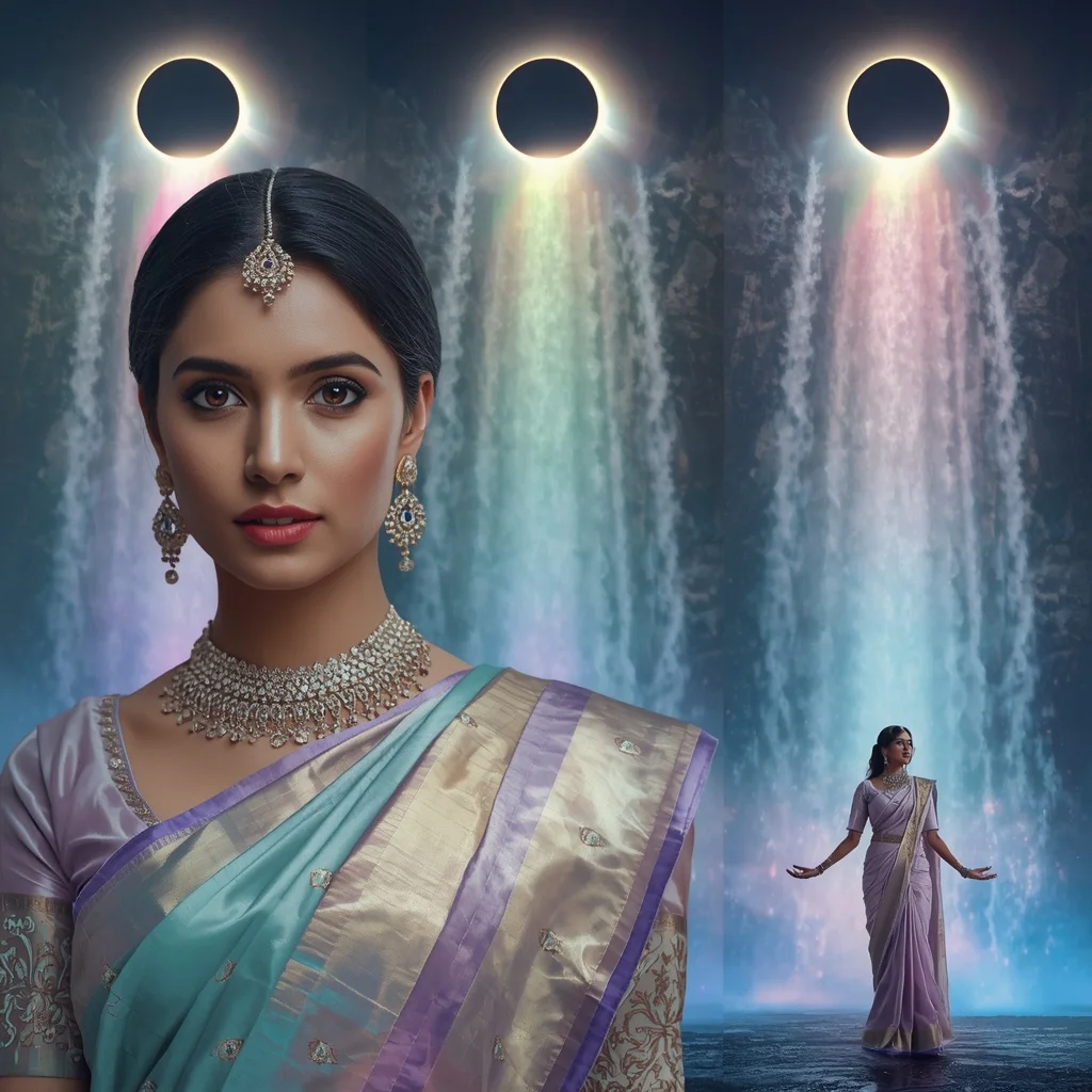 Festive Pastel Saree Prism Eclipse Waterfall Empire Collage | Prompt Generator