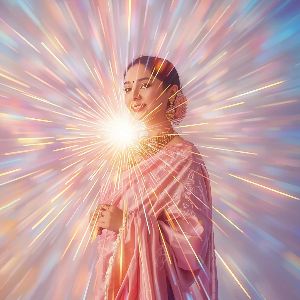 Festive Pastel Saree Prism Glow Energy Spiral Burst Collage Premium Cinematic | Retro Style Prompt For Gemini Girl In Saree