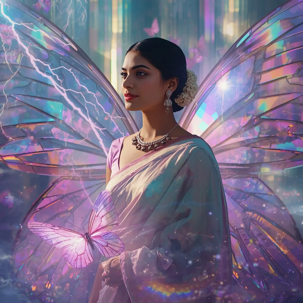 Festive Pastel Saree Prism Lightning Butterfly Realm Collage | Photo Prompt