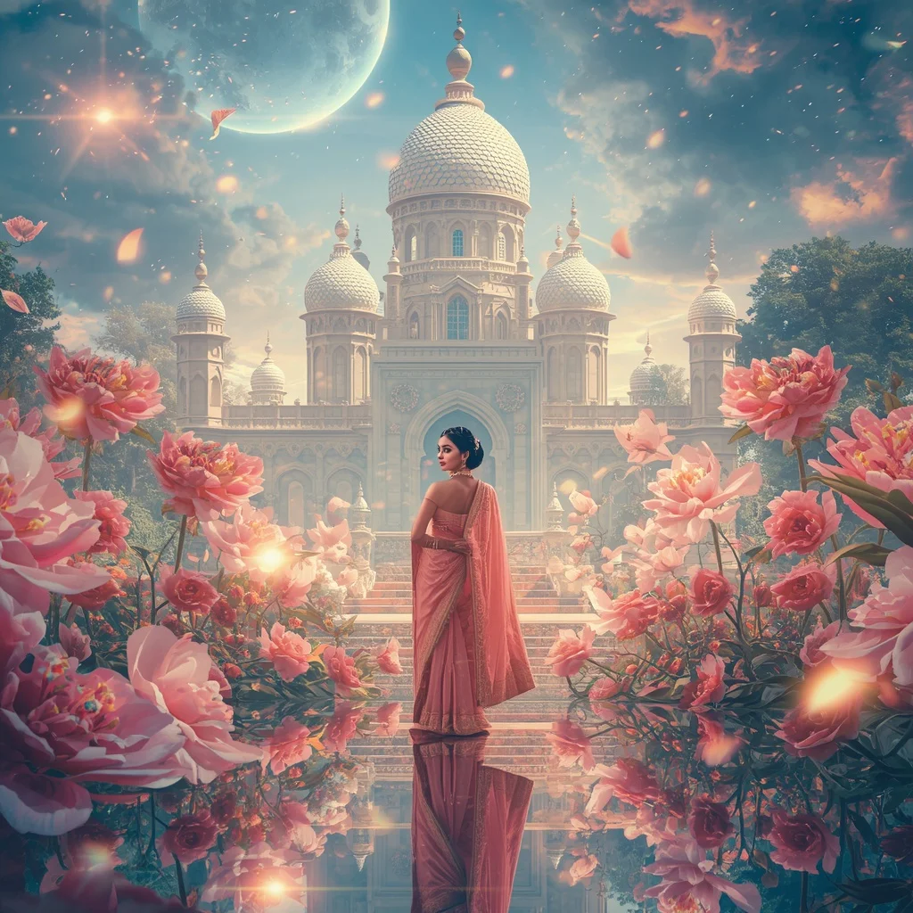 Festive Pastel Saree Prism Moon Garden Fortress Luxury Collage | Banana Prompts Girls